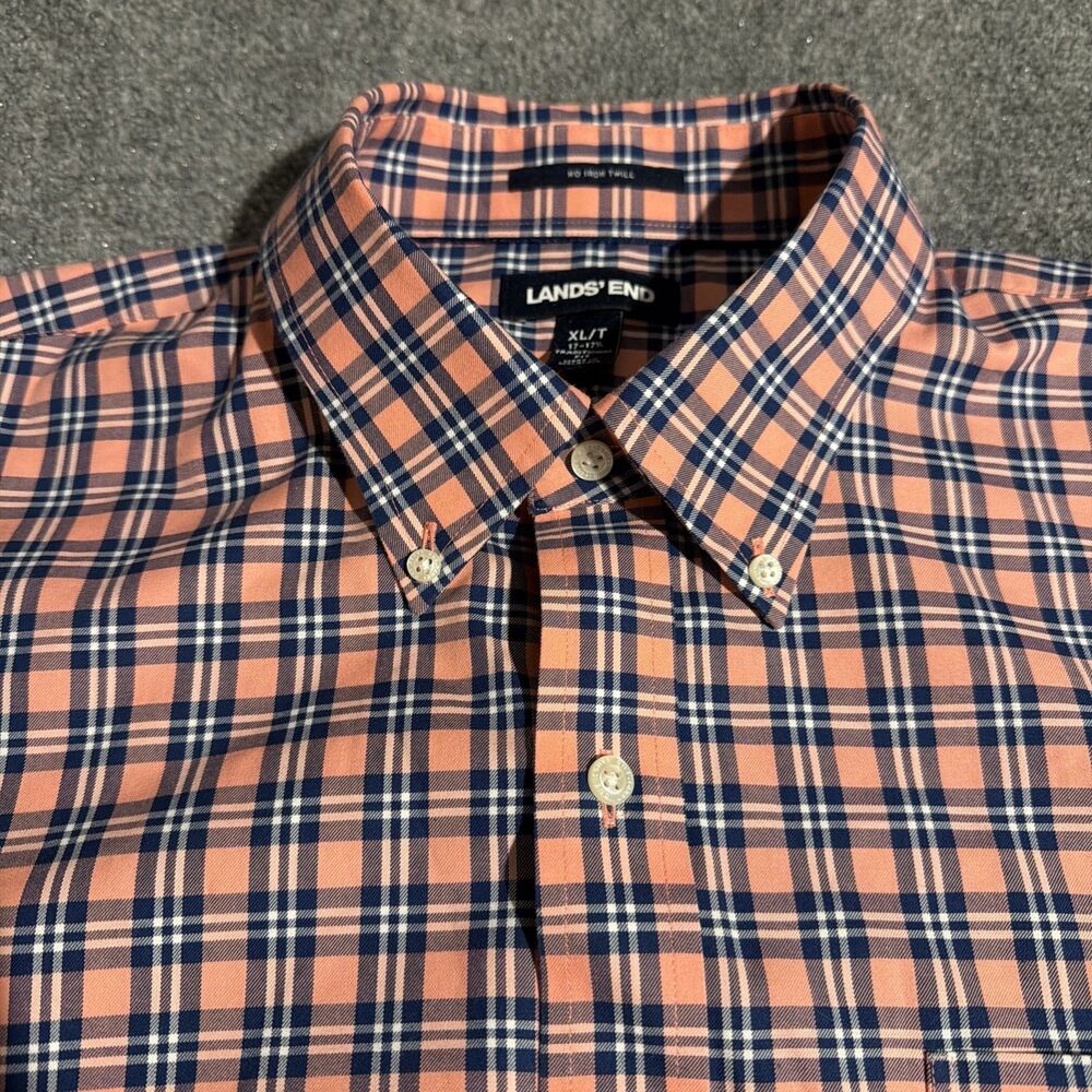 Lands' End Shirt Mens XL Pink Plaid Button Down Long Sleeve 100% Cotton No Iron